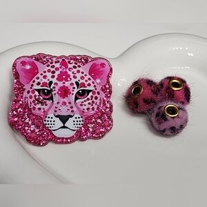 Cheetah Flatback Fuzzy Pom Pom Focal Beads Pink Badge Keychain Crafts Magnet Pen